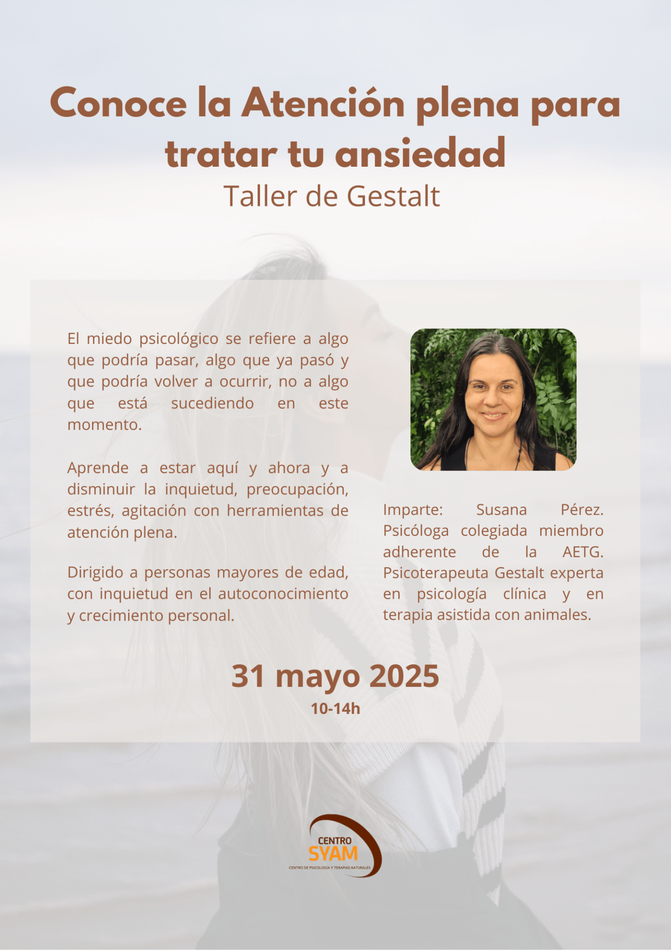 Taller de atención plena para reducir ansiedad, impartido por Susana Pérez en Centro Syam, dirigido a adultos