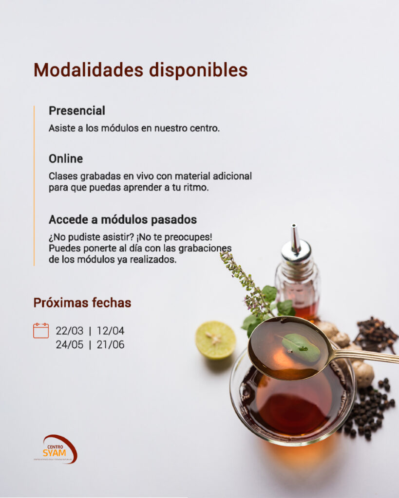 Cartel informativo de modalidades presencial y online de los talleres de Ayurveda en Centro Syam con fechas y contacto